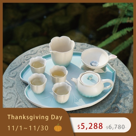 【清荷雅境茶禮-碧荷白】窯變釉 全套茶具組 一壺四杯+茶濾套組+荷葉茶盤