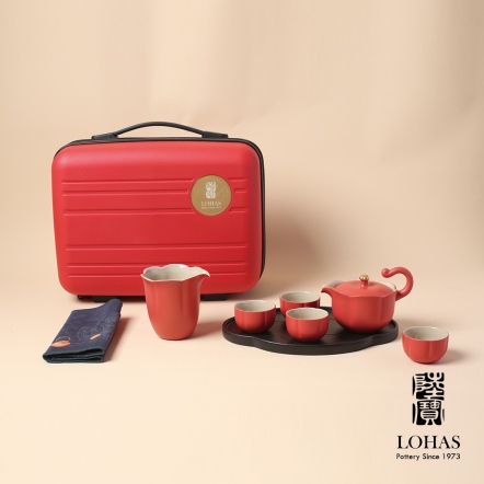 【花悅旅行組-富貴紅】一壺一海四杯+茶托+茶巾+旅行箱