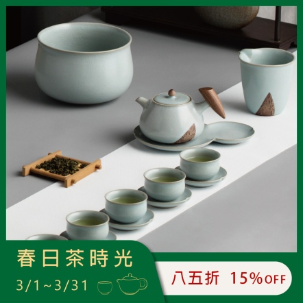 【汝窯 入木三分茶禮】 一壺一海六杯+六杯托+茶葉罐+水方+壺承+活水球